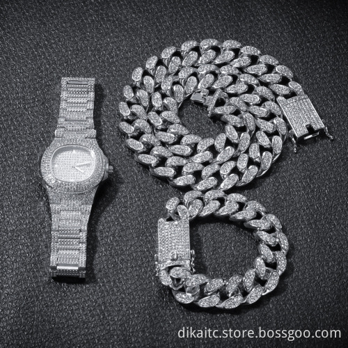 Fashion 3pcs/Set Gold Men's Watch Gift Set Stylish 20 inch Necklace Bracelet Diamond Watches Sets Quartz Wristwatch Reloj Mujer
